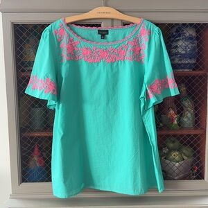 NWT Teal Green & Pink Embroidered Short Sleeve Top